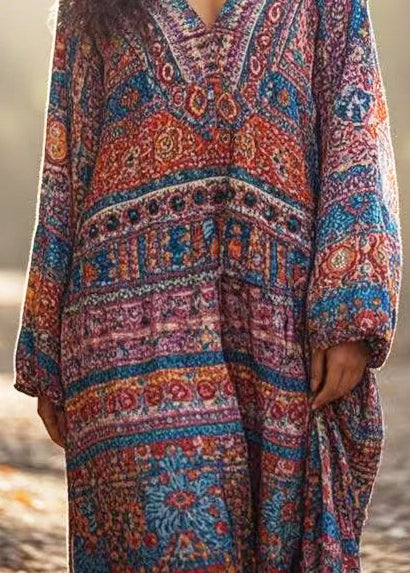 Bohemian V Neck Print Cotton Ankle Dress Spring