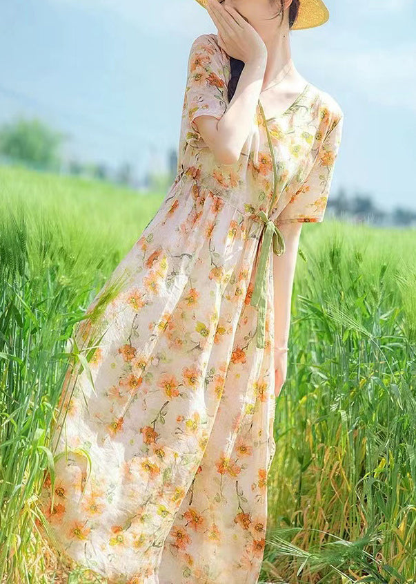 Bohemian V Neck Print Drawstring Linen Dresses Summer