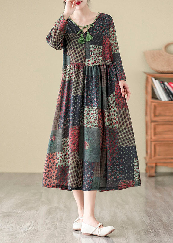 Bohemian V Neck Print Patchwork Cotton Long Dress Fall