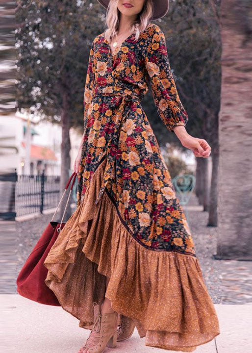 Bohemian V Neck Print Tie Waist Cotton Long Dresses Spring