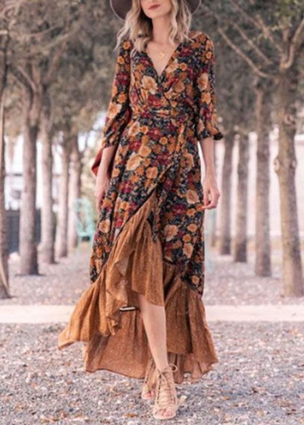 Bohemian V Neck Print Tie Waist Cotton Long Dresses Spring