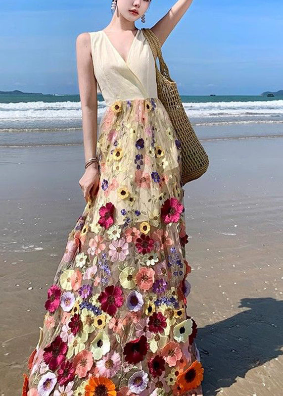 Bohemian V Neck Tulle Embroidered Patchwork Floral Tulle Maxi Dress Summer