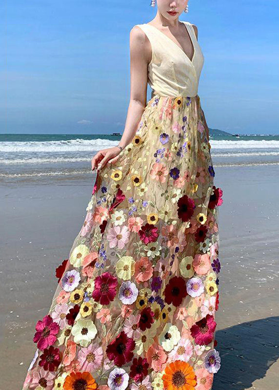 Bohemian V Neck Tulle Embroidered Patchwork Floral Tulle Maxi Dress Summer