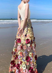 Bohemian V Neck Tulle Embroidered Patchwork Floral Tulle Maxi Dress Summer