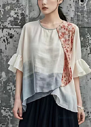 Bohemian White Asymmetrical Patchwork Cotton Shirts Flare Sleeve