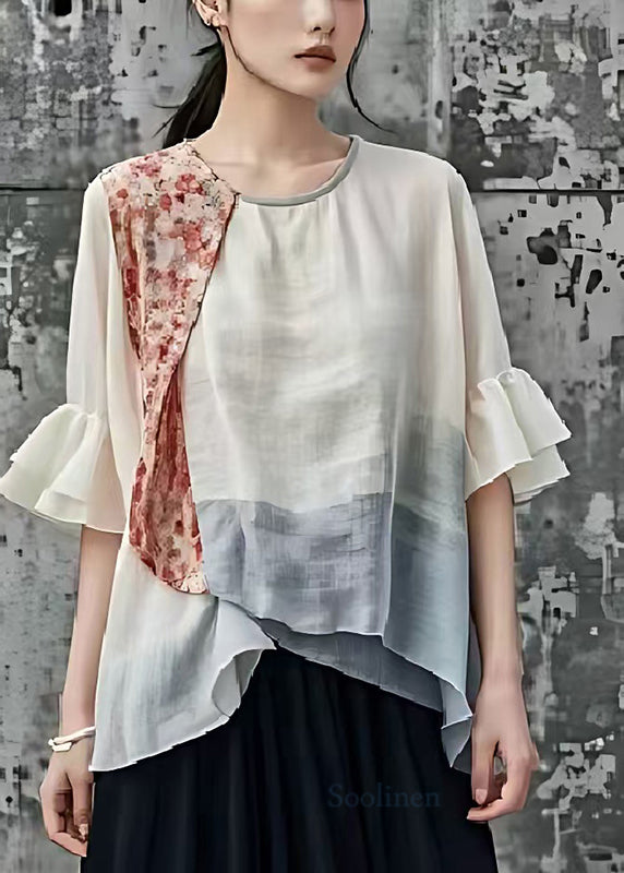 Bohemian White Asymmetrical Patchwork Cotton Shirts Flare Sleeve