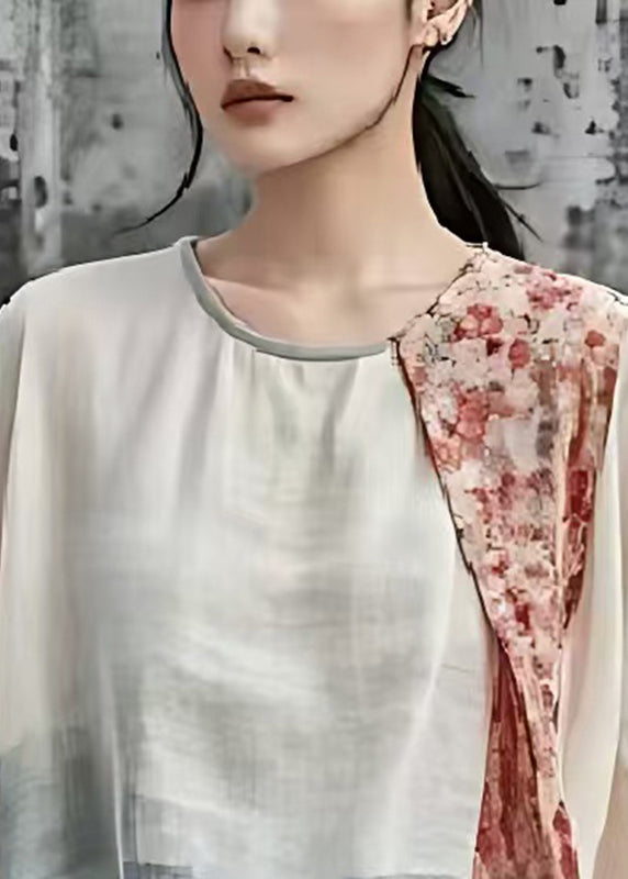 Bohemian White Asymmetrical Patchwork Cotton Shirts Flare Sleeve