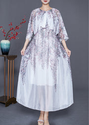 Bohemian White Cinched Print Silk Long Dress Summer