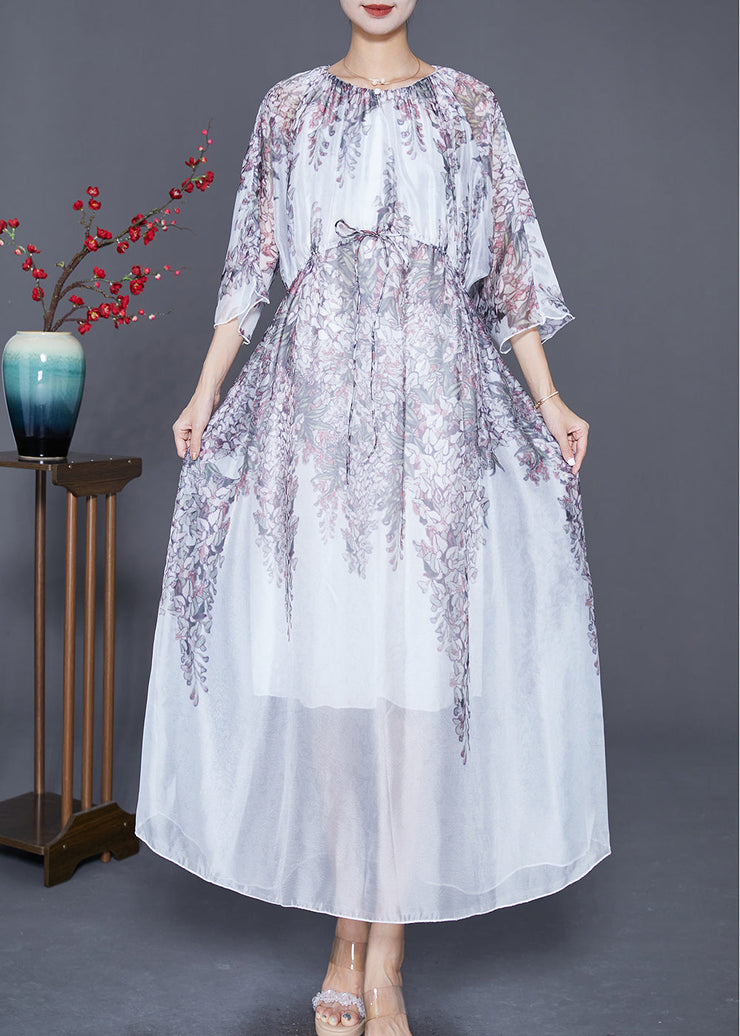 Bohemian White Cinched Print Silk Long Dress Summer