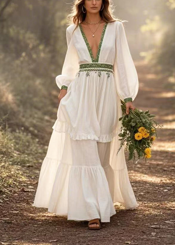 Bohemian White Deep-V Neck Exra Large Hem Long Dress Spring