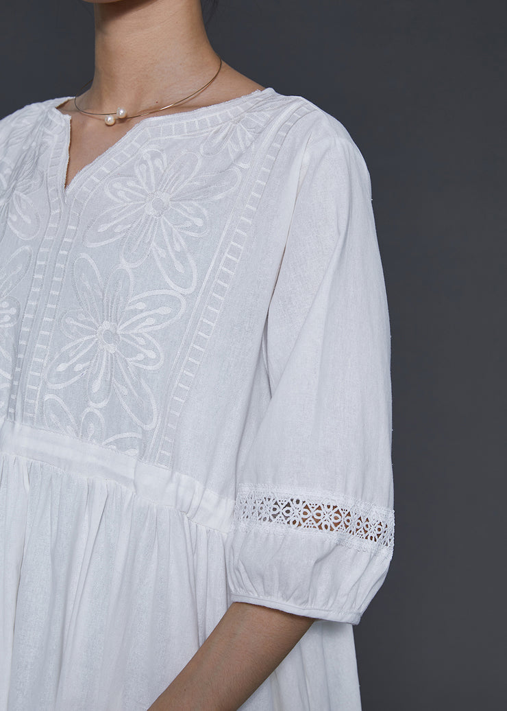 Bohemian White Embroidered Cotton Cinched Dress Summer