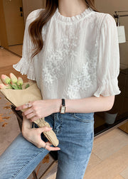 Bohemian White Embroidered Floral Chiffon Shirts Summer