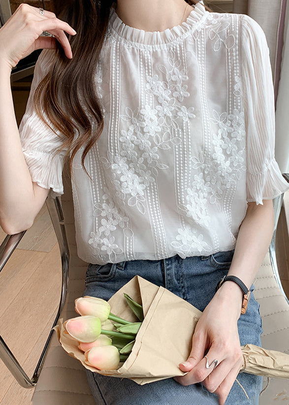 Bohemian White Embroidered Floral Chiffon Shirts Summer