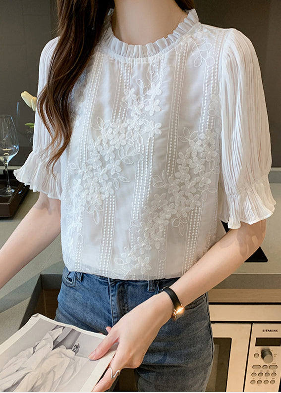 Bohemian White Embroidered Floral Chiffon Shirts Summer