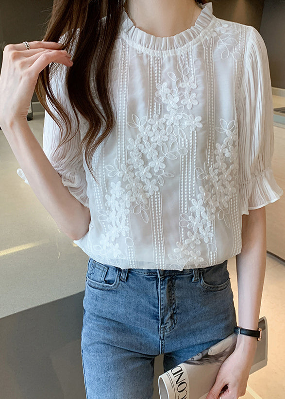 Bohemian White Embroidered Floral Chiffon Shirts Summer