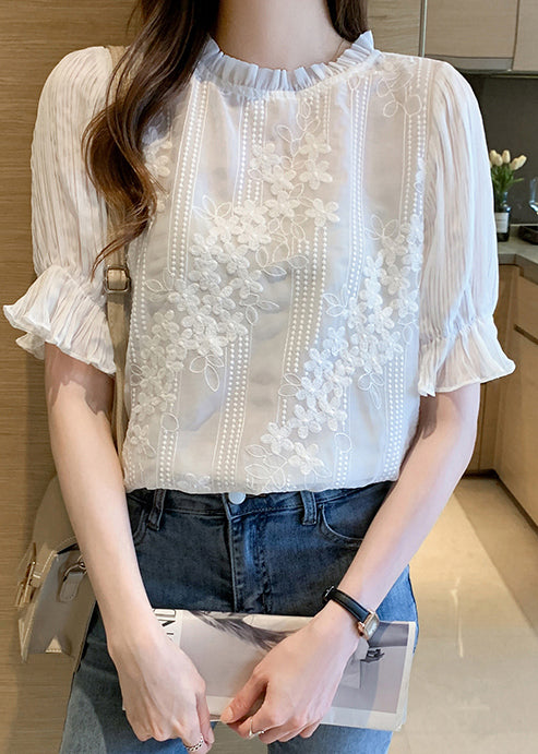 Bohemian White Embroidered Floral Chiffon Shirts Summer