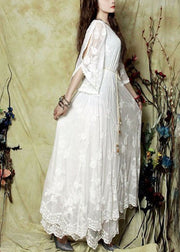 Bohemian White Embroideried Cold Shoulder Lace Long Dresses Spring