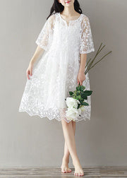 Bohemian White Embroidered Lace Patchwork Tulle Mid Dress Summer