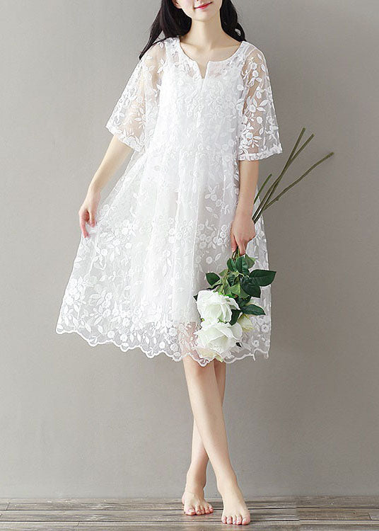 Bohemian White Embroideried Lace Patchwork Tulle Mid Dress Summer