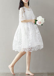 Bohemian White Embroidered Lace Patchwork Tulle Mid Dress Summer