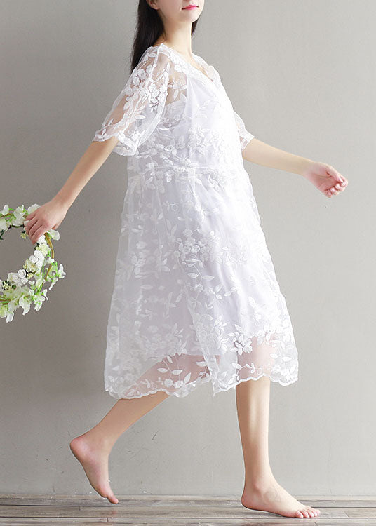 Bohemian White Embroidered Lace Patchwork Tulle Mid Dress Summer