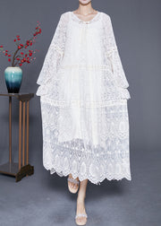 Bohemian White Embroideried Patchwork Hollow Out Lace Maxi Dress Lantern Sleeve