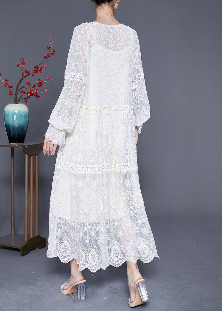 Bohemian White Embroideried Patchwork Hollow Out Lace Maxi Dress Lantern Sleeve