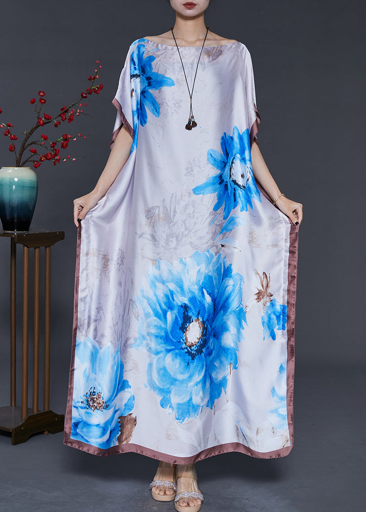 Bohemian White Flower Print Silk Maxi Dresses Summer