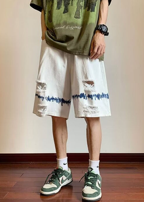 Bohemian White Hole Pockets High Waist Mens Shorts Summer