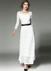 Bohemian White Hollow Out Embroideried Sashes Lace Long Dresses Summer