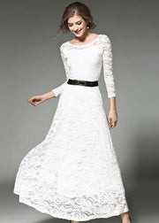 Bohemian White Hollow Out Embroideried Sashes Lace Long Dresses Summer