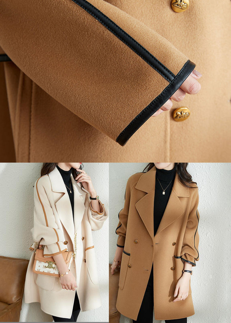 Bohemian White Lapel Patchwork PU Woolen Trench Coat Fall