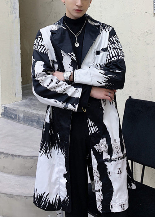 Bohemian White Notched Print Cotton Mens Coats Fall