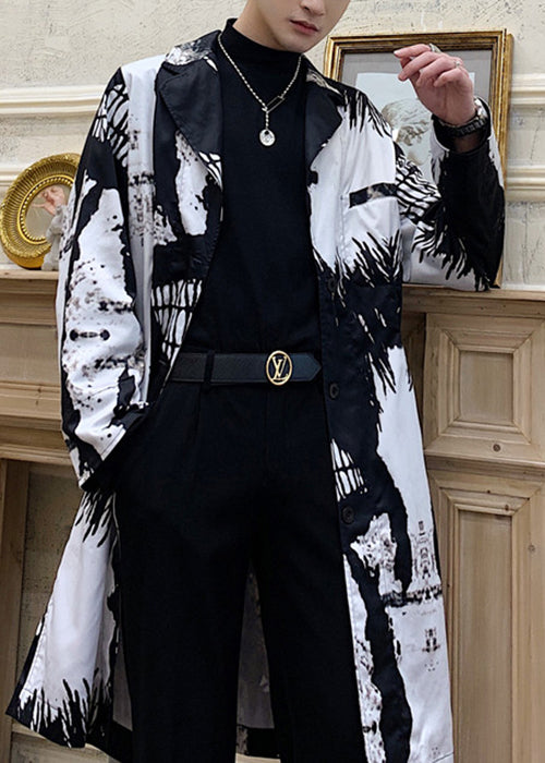 Bohemian White Notched Print Cotton Mens Coats Fall