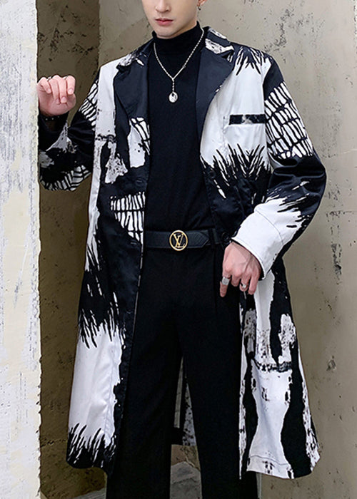 Bohemian White Notched Print Cotton Mens Coats Fall