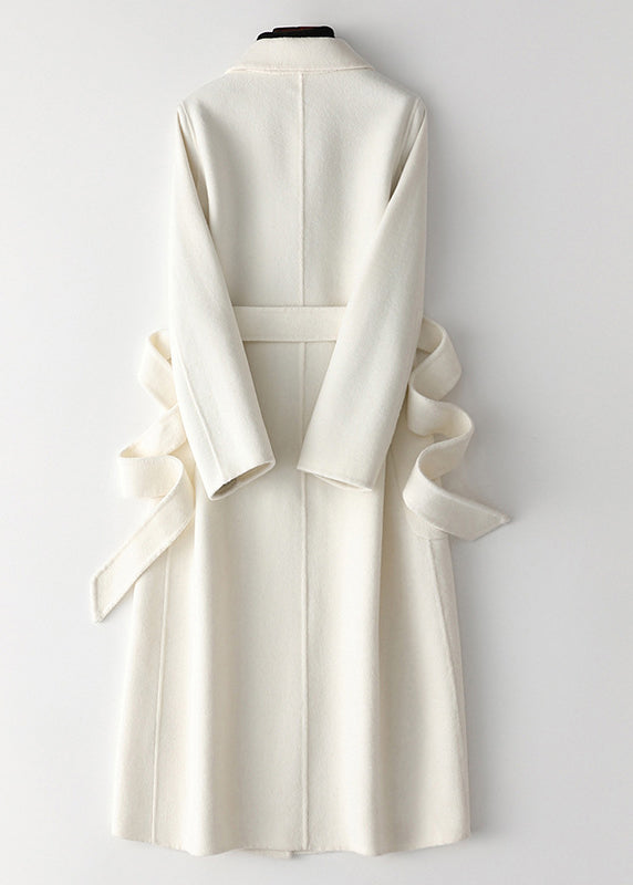 Bohemian White Notched Tie Waist Woolen Long Coats Fall