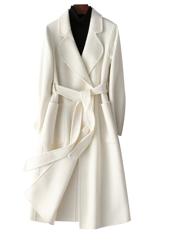 Bohemian White Notched Tie Waist Woolen Long Coats Fall