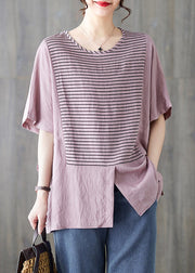 Bohemian White O-Neck Striped Patchwork Cotton Shirt Short Sleeve