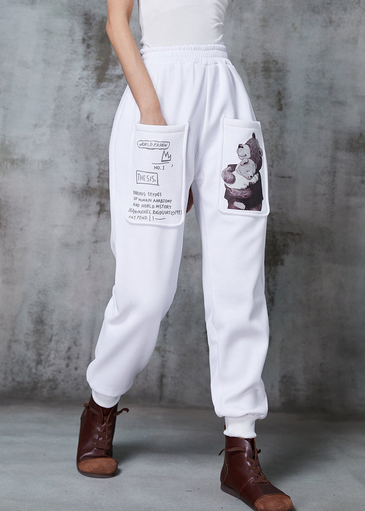 Bohemian White Oversized Bear Print Warm Fleece Pants Winter