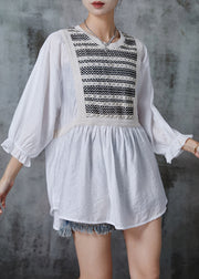 Bohemian White Oversized Patchwork Cotton Tops Bracelet Sleeve