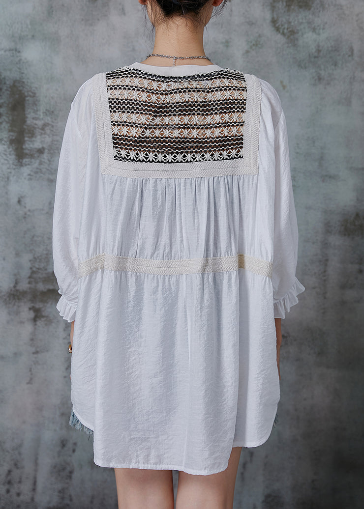 Bohemian White Oversized Patchwork Cotton Tops Bracelet Sleeve