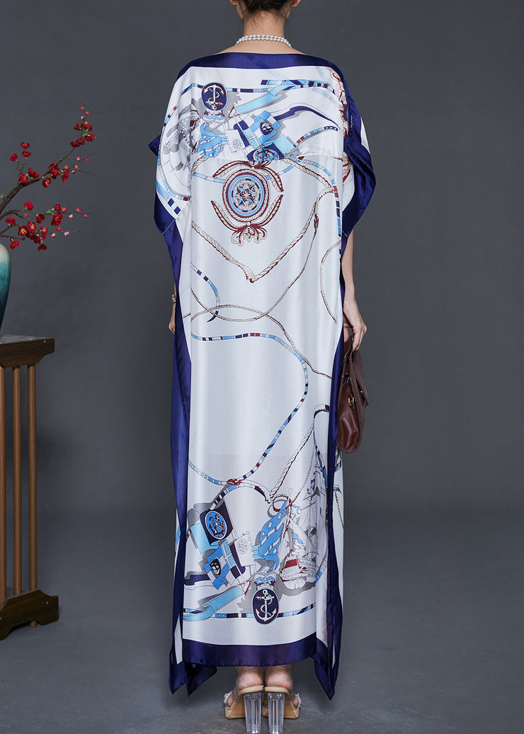 Bohemian White Oversized Print Silk Maxi Dress Summer