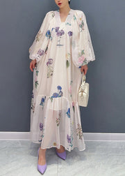 Bohemian White Print Chiffon Long Dresses Lantern Sleeve