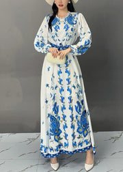 Bohemian White Print Lace Up Cotton Long Dress Fall