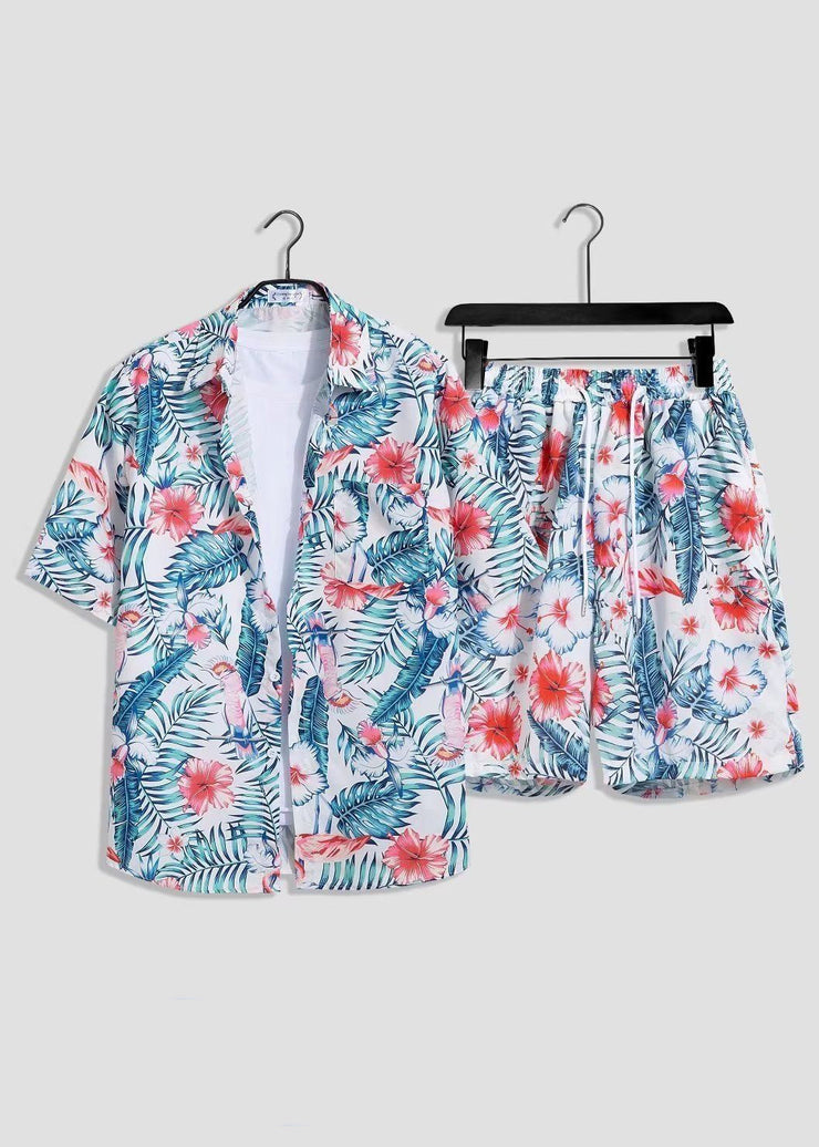 Bohemian White Print Shirts And Shorts Ice Silk Men Two Pieces Set Summer
