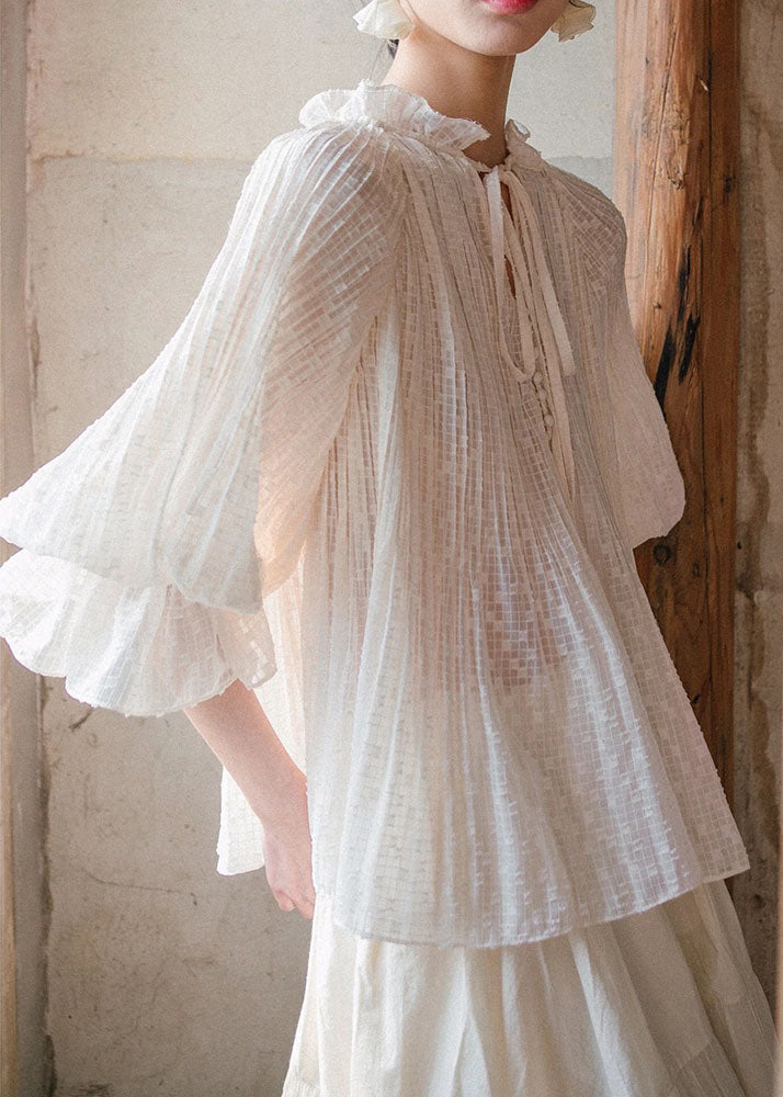 Bohemian White Ruffled Lace Up Cotton Blouses Lantern Sleeve