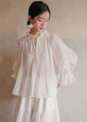 Bohemian White Ruffled Lace Up Cotton Blouses Lantern Sleeve