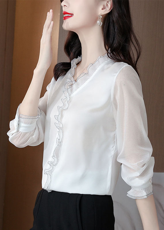 Bohemian White Ruffled Patchwork Silk Blouses Long sleeve