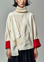 Bohemian White Turtle Neck Patchwork Cotton Top Spring