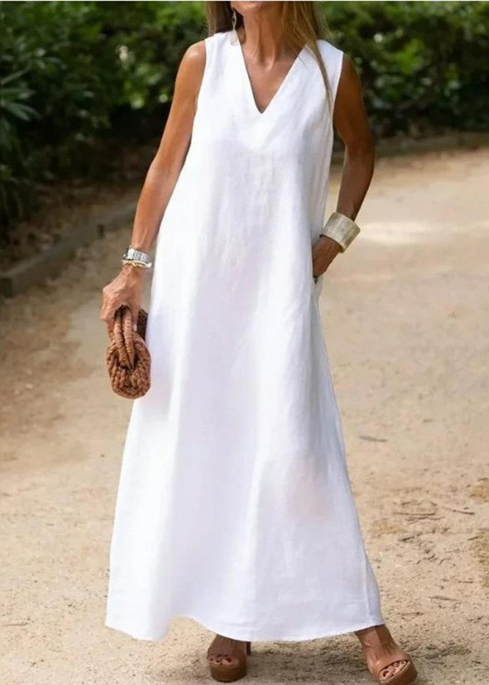 Bohemian White V Neck Cotton A Line Dress Sleeveless